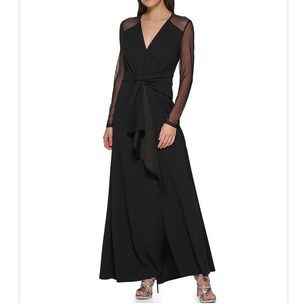DKNY V-neck Drape Gown Women's 4 Black Long Mesh‎ Sleeve